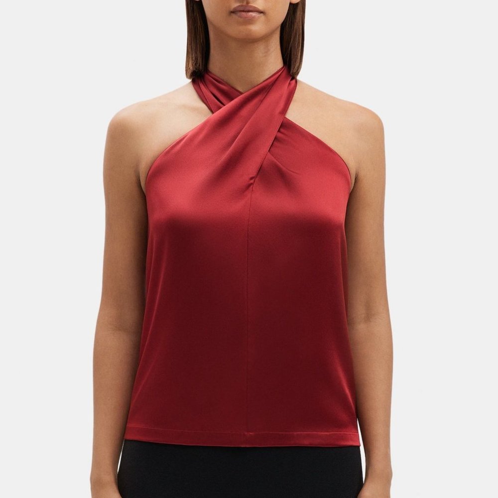 Theory Ertil Cross Front Halter Top Size P Stretch Satin SILK Red Dahlia NEW - Picture 2 of 12